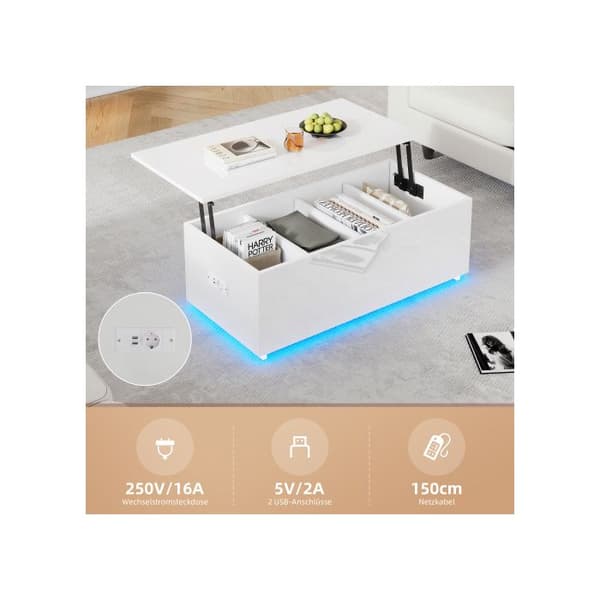 Vit bordsskiva i vitt med LED-belysning och gömt förvaringsutrymme - 100*50*35 cm, lastkapacitet på 40 kg