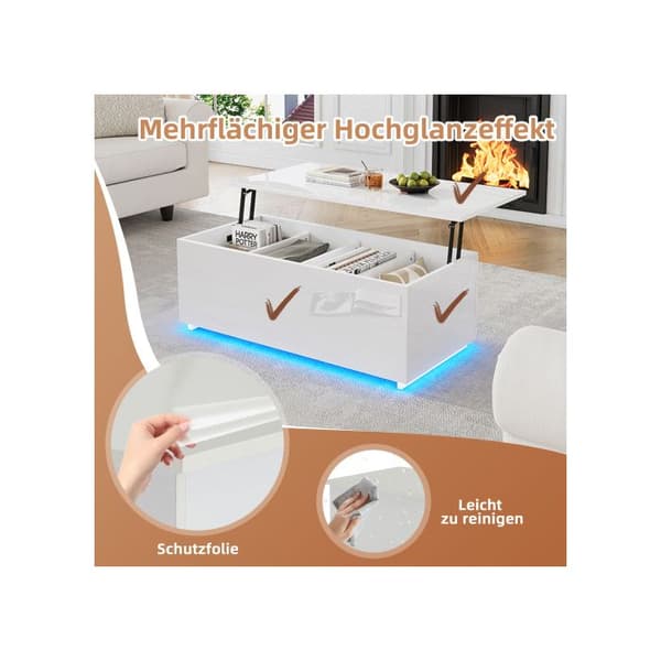 Vit bordsskiva i vitt med LED-belysning och gömt förvaringsutrymme - 100*50*35 cm, lastkapacitet på 40 kg