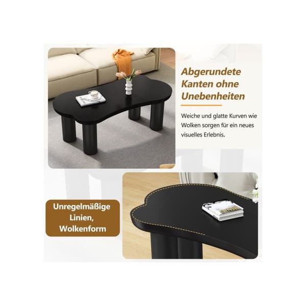 Oregelbunden soffbord i benform, längd 113 cm, bredd 58 cm, höjd 40,5 cm, med 2 små bänkar.