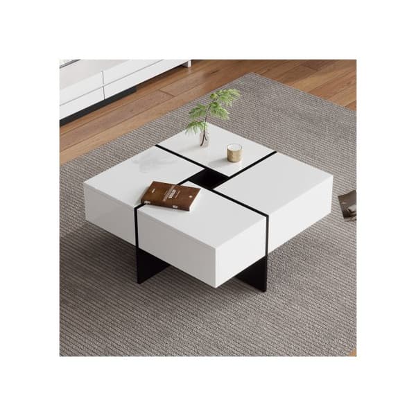 Elegant och glänsande soffbord 70*70*35 cm, design i svart och vitt, integrerat förvaringsutrymme och 4 robusta lådor.