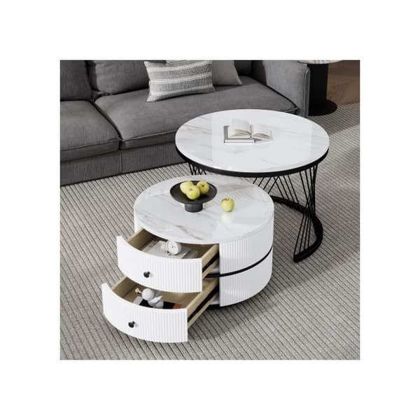 Elegant uppsättning av 2 vita stapelbara soffbord, 60*60*46 cm och 50*50*31 cm, rundbord i polerat marmor, 2 lådor