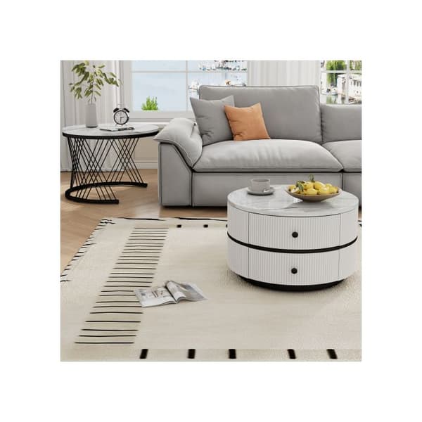 Elegant uppsättning av 2 vita stapelbara soffbord, 60*60*46 cm och 50*50*31 cm, rundbord i polerat marmor, 2 lådor