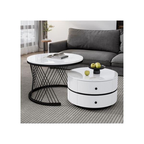 Elegant uppsättning av 2 vita stapelbara soffbord, 60*60*46 cm och 50*50*31 cm, rundbord i polerat marmor, 2 lådor