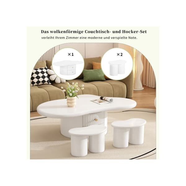 Oregelbundet låg bord i form av ett moln med 2 pallar, 97 cm långt, 67 cm brett, 32 cm högt, mdf-skiva.