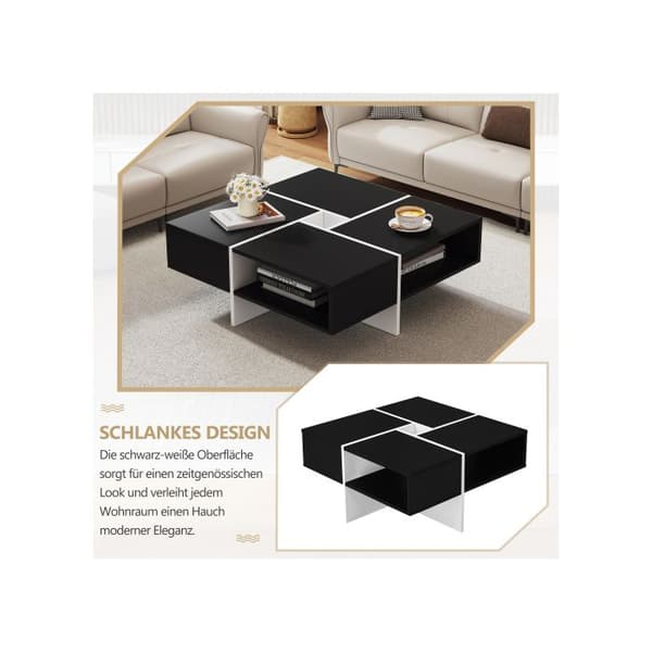 Modern kvadratisk soffbord 70x70x35cm - Svart och vit design, 5 öppna fack, centralt fack 10x10cm