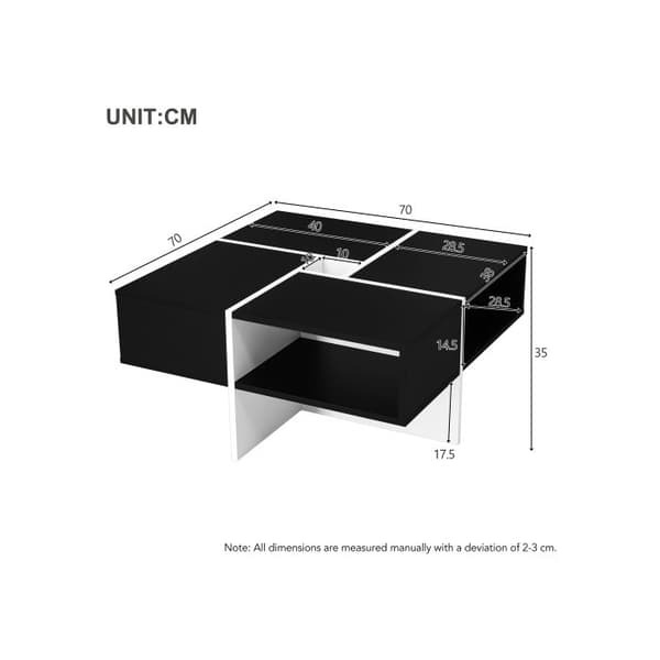 Modern kvadratisk soffbord 70x70x35cm - Svart och vit design, 5 öppna fack, centralt fack 10x10cm