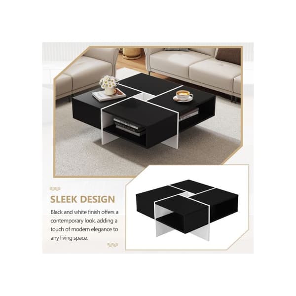 Modern kvadratisk soffbord 70x70x35cm - Svart och vit design, 5 öppna fack, centralt fack 10x10cm