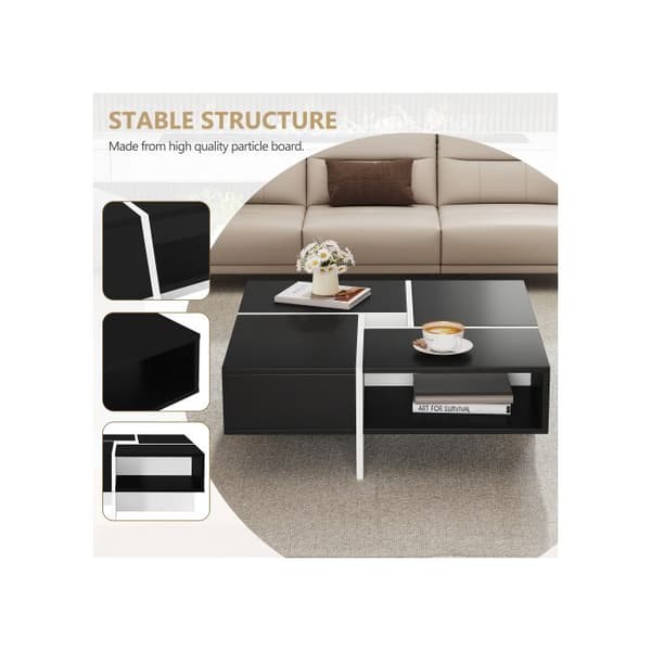 Modern kvadratisk soffbord 70x70x35cm - Svart och vit design, 5 öppna fack, centralt fack 10x10cm