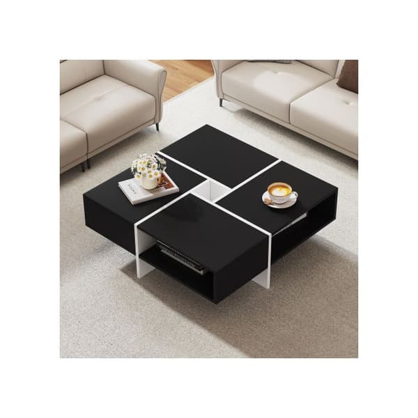 Modern kvadratisk soffbord 70x70x35cm - Svart och vit design, 5 öppna fack, centralt fack 10x10cm