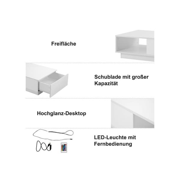 Låg bord, låg bord, rektangulärt vitt bord med LED-belysning, 15 färger (95 x 55 x 32 cm)