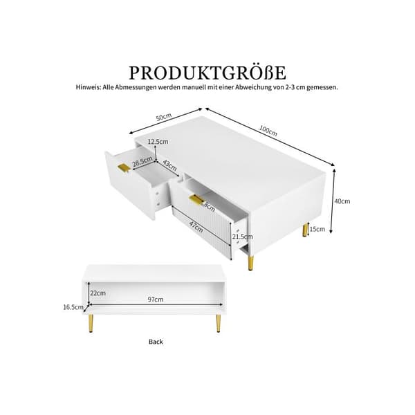 Modern vit mäbel med gyllene dekorationer, 2 lådor, 100*50*40 cm