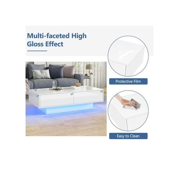 Modern soffbord i blankvitt, 115 x 55 x 34 cm, med 2 lådor, LED-belysning