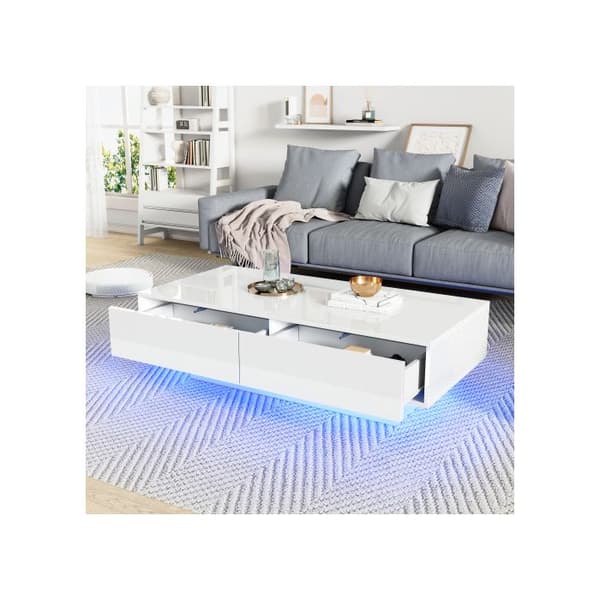 Modern soffbord i blankvitt, 115 x 55 x 34 cm, med 2 lådor, LED-belysning