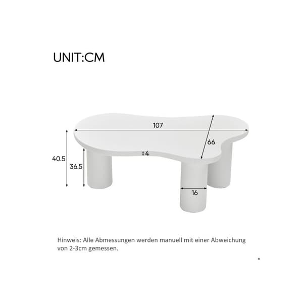 Soffbord i oregelbunden molnform, längd 107 cm, bredd 66 cm, höjd 40,5 cm, skiva MDF och ben PVC.