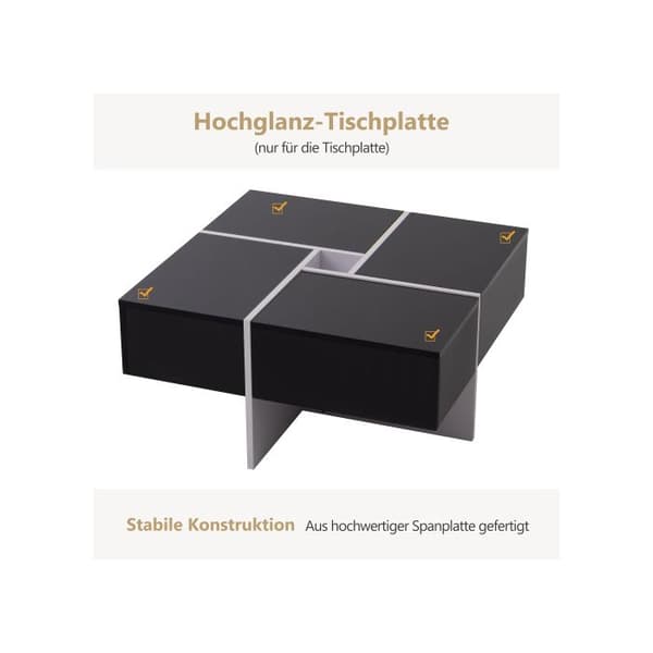 Elegant och glänsande soffbord 70*70*35 cm, design i svart och vitt, integrerat förvaringsutrymme och 4 robusta lådor.