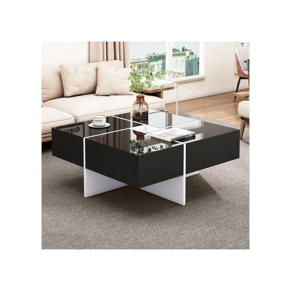 Elegant och glänsande soffbord 70*70*35 cm, design i svart och vitt, integrerat förvaringsutrymme och 4 robusta lådor.