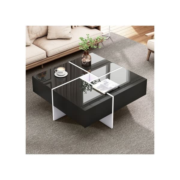 Elegant och glänsande soffbord 70*70*35 cm, design i svart och vitt, integrerat förvaringsutrymme och 4 robusta lådor.