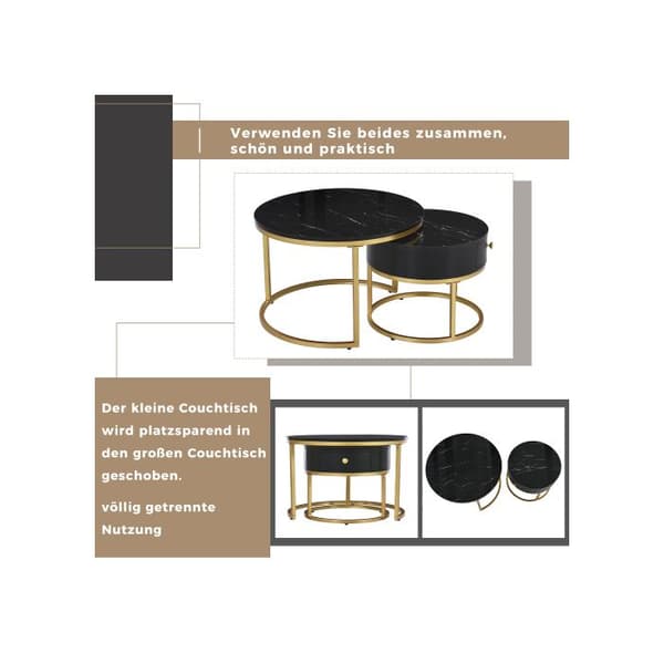 Modern lågsoffa Nesting Glänsande marmor mönster Set med 2 runda soffbord Rund sidobord Nesting