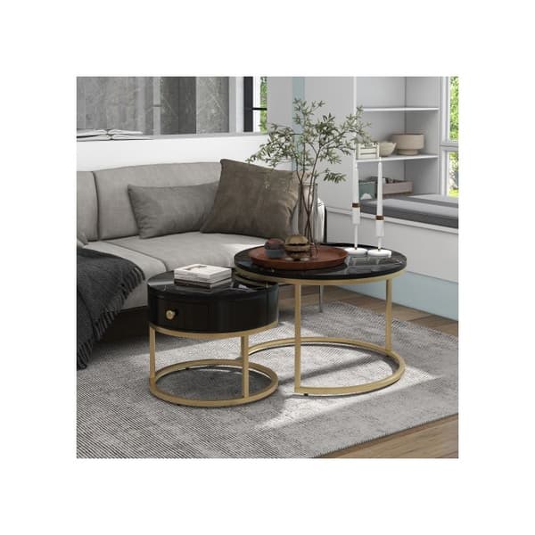 Modern lågsoffa Nesting Glänsande marmor mönster Set med 2 runda soffbord Rund sidobord Nesting
