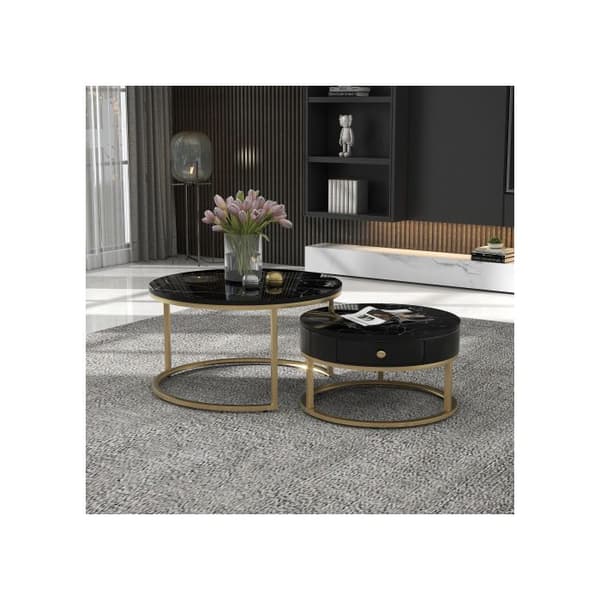 Modern lågsoffa Nesting Glänsande marmor mönster Set med 2 runda soffbord Rund sidobord Nesting