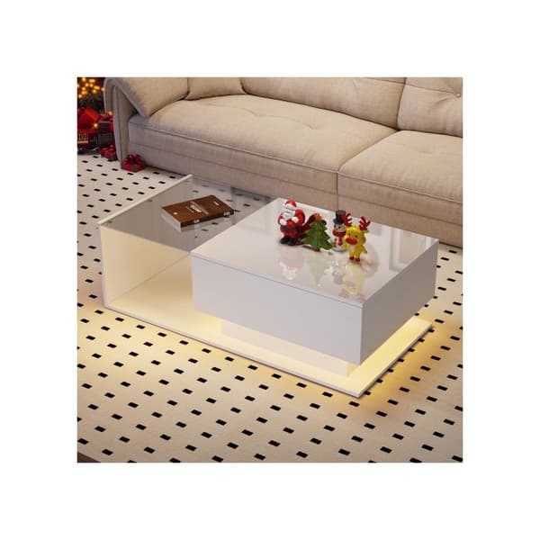 Soffbord 100x50x32 cm vit glänsande - med glasplatta och lådor, repfritt, med 1 låda, med LED-belysning
