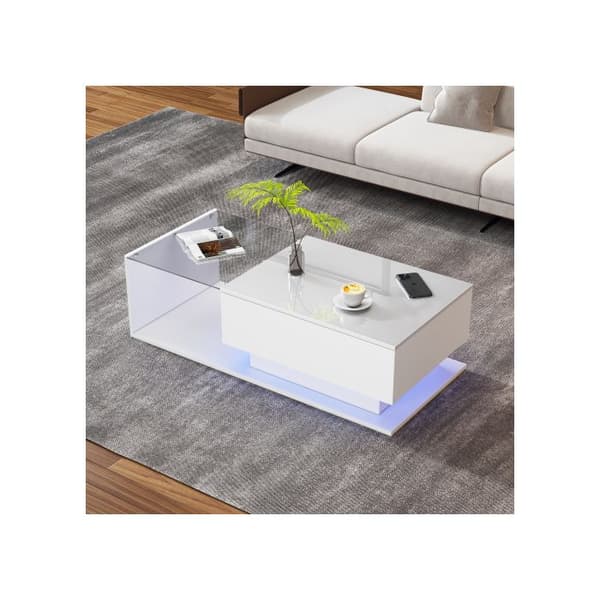 Soffbord 100x50x32 cm vit glänsande - med glasplatta och lådor, repfritt, med 1 låda, med LED-belysning