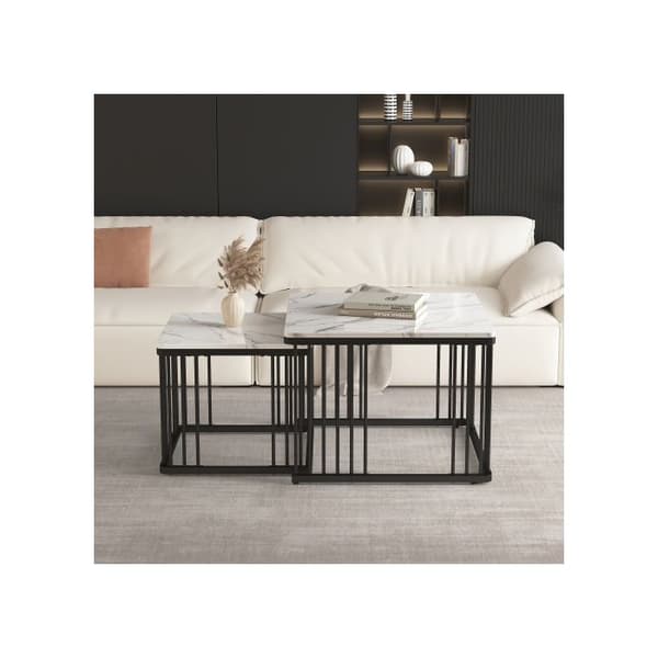 Set med 2 eleganta soffbord, kvadratiska 60*60*45 cm och 45*45*40 cm, blank marmorutseende.
