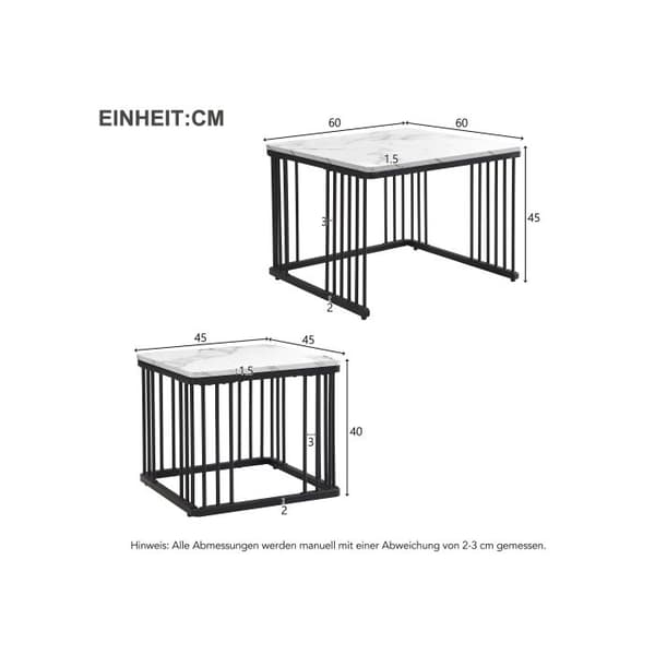 Set med 2 eleganta soffbord, kvadratiska 60*60*45 cm och 45*45*40 cm, blank marmorutseende.