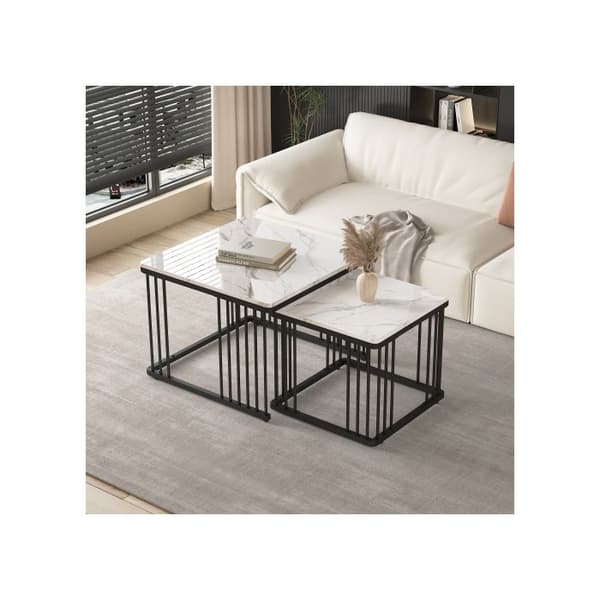Set med 2 eleganta soffbord, kvadratiska 60*60*45 cm och 45*45*40 cm, blank marmorutseende.