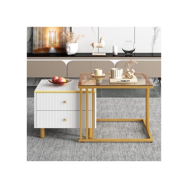 Set med 2 soffbord, kvadratisk bord i brunt glas med marmorliknande yta, 59.5*60*45.6 cm + 50*50*40 cm, 2 lådor
