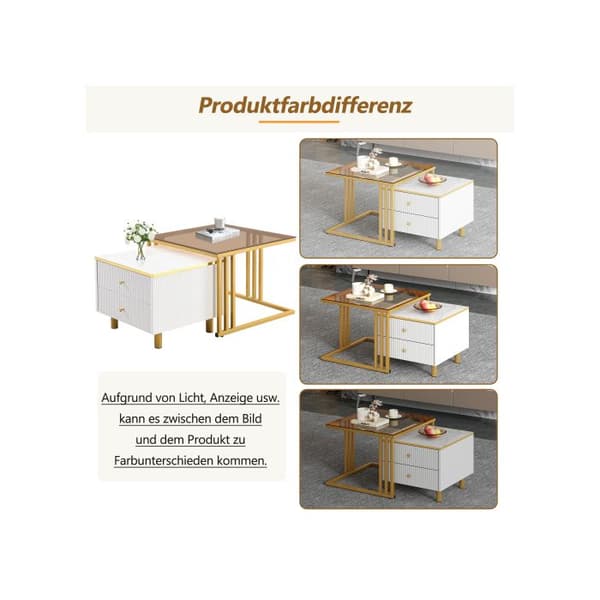 Set med 2 soffbord, kvadratisk bord i brunt glas med marmorliknande yta, 59.5*60*45.6 cm + 50*50*40 cm, 2 lådor