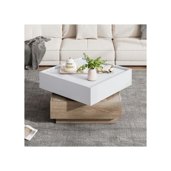Funktionell soffbord, roterande 360°, svängbart bord med två nivåer och förvaring, vit, 60*60*38 cm