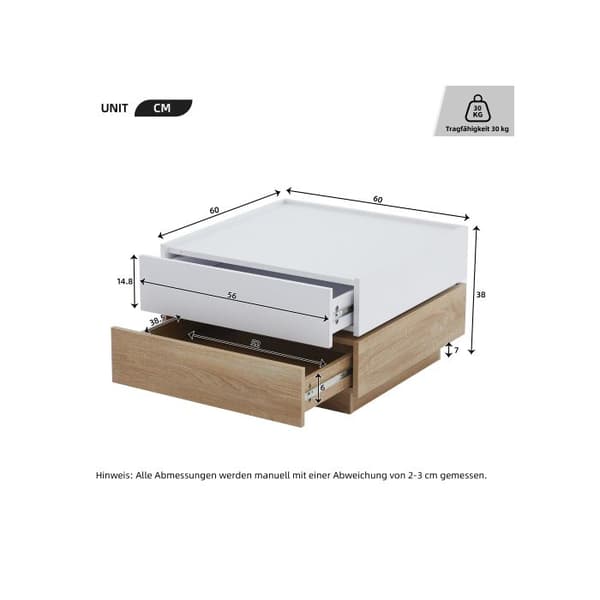 Funktionell soffbord, roterande 360°, svängbart bord med två nivåer och förvaring, vit, 60*60*38 cm