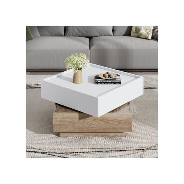 Funktionell soffbord, roterande 360°, svängbart bord med två nivåer och förvaring, vit, 60*60*38 cm