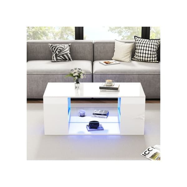 Glasbord med glans, LED-bord, vitt soffbord, flera förvaringsutrymmen, 96x45x45 cm