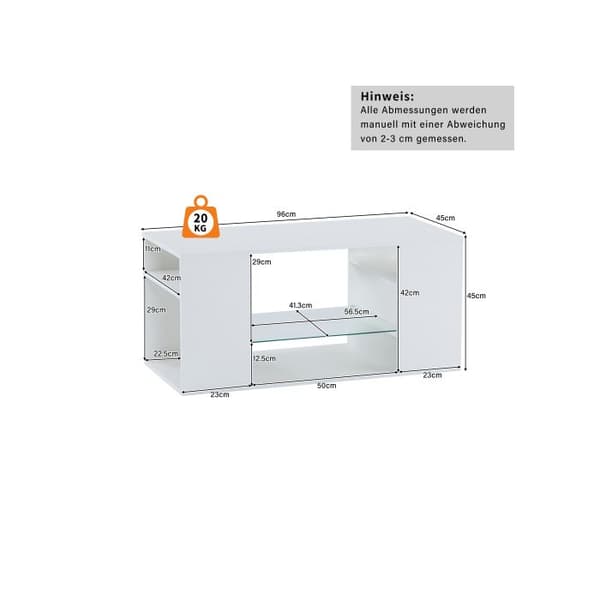 Glasbord med glans, LED-bord, vitt soffbord, flera förvaringsutrymmen, 96x45x45 cm
