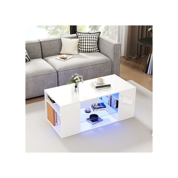 Glasbord med glans, LED-bord, vitt soffbord, flera förvaringsutrymmen, 96x45x45 cm