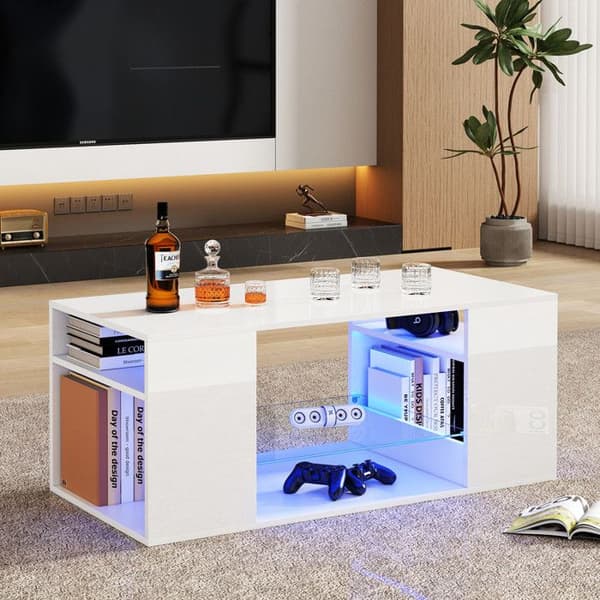 Glasbord med glans, LED-bord, vitt soffbord, flera förvaringsutrymmen, 96x45x45 cm