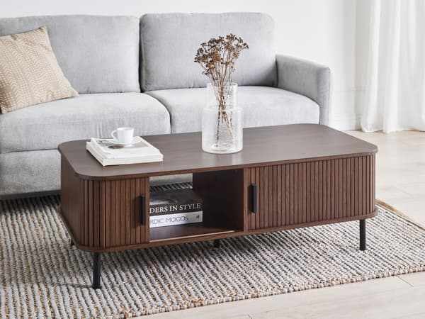 Sofabord Mørkebrunt Svart Ben MDF Metall 120 x 60 cm Retro Skyveskap Oppbevaring Stue