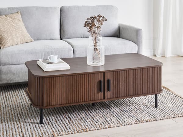 Sofabord Mørkebrunt Svart Ben MDF Metall 120 x 60 cm Retro Skyveskap Oppbevaring Stue