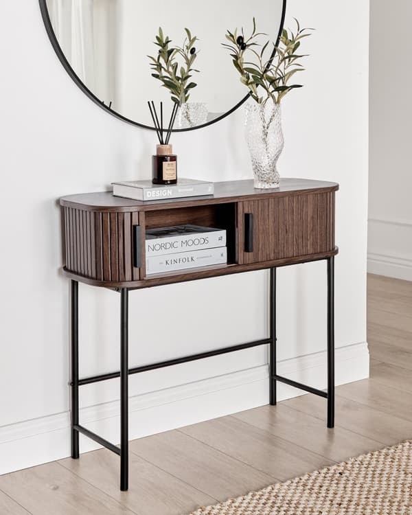 Konsollbord Mørkebrunt Svart Ben MDF Metall 80 x 30 cm Retro Skyveskap Stue