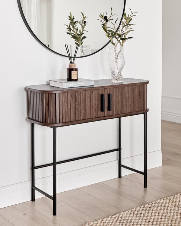 Konsollbord Mørkebrunt Svart Ben MDF Metall 80 x 30 cm Retro Skyveskap Stue