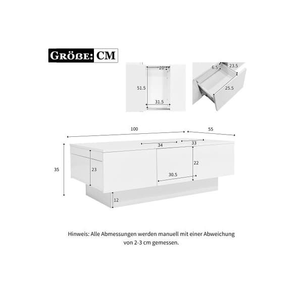 Modern glansbord 100x55x35 cm - vit, med en låda, 2 dolda fack, 2 lådor