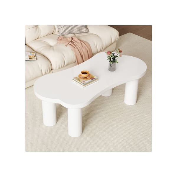 Oregelbunden soffbord i benform, längd 113 cm, bredd 58 cm, höjd 40,5 cm, med 2 små bänkar.