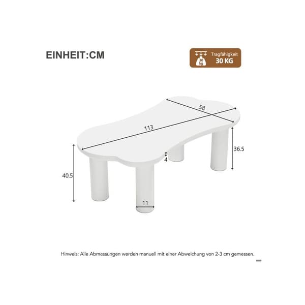Oregelbunden soffbord i benform, längd 113 cm, bredd 58 cm, höjd 40,5 cm, med 2 små bänkar.