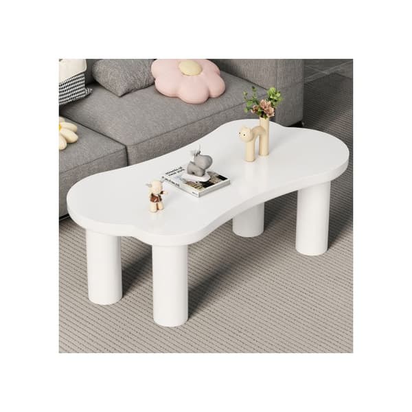 Oregelbunden soffbord i benform, längd 113 cm, bredd 58 cm, höjd 40,5 cm, med 2 små bänkar.