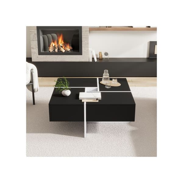 Modern svart och vit fyrkantig soffbord, 70*70*35 cm, med en central platta på 10*10 cm