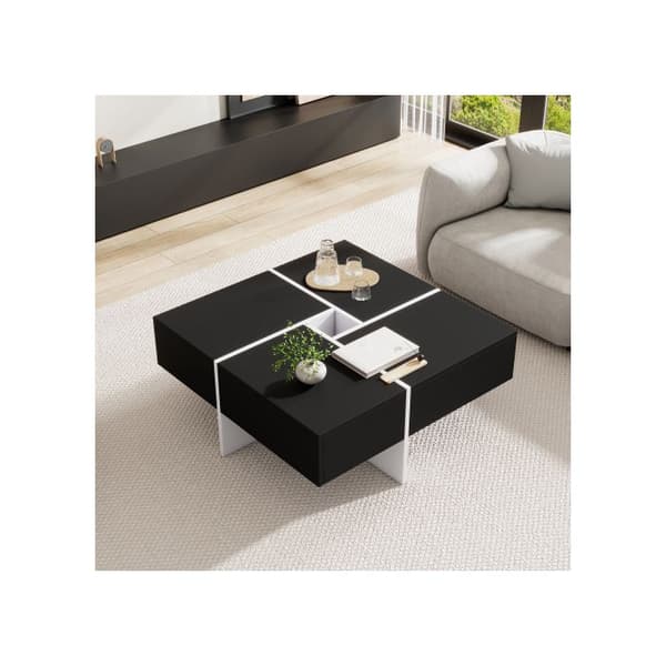 Modern svart och vit fyrkantig soffbord, 70*70*35 cm, med en central platta på 10*10 cm