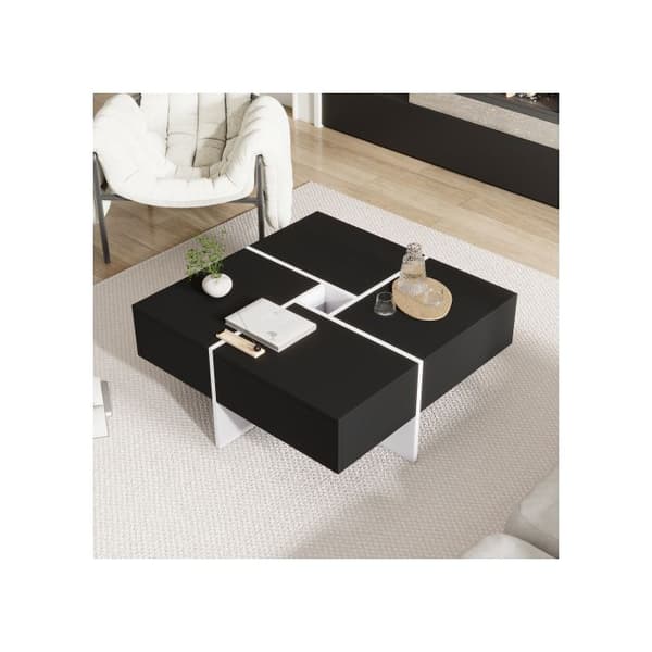 Modern svart och vit fyrkantig soffbord, 70*70*35 cm, med en central platta på 10*10 cm