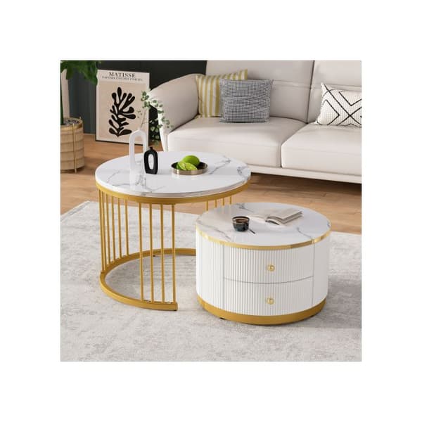 Elegant set of 2 white nesting coffee tables, 60*60*45.5 cm and 50*50*32 cm, round table, 2 drawers.